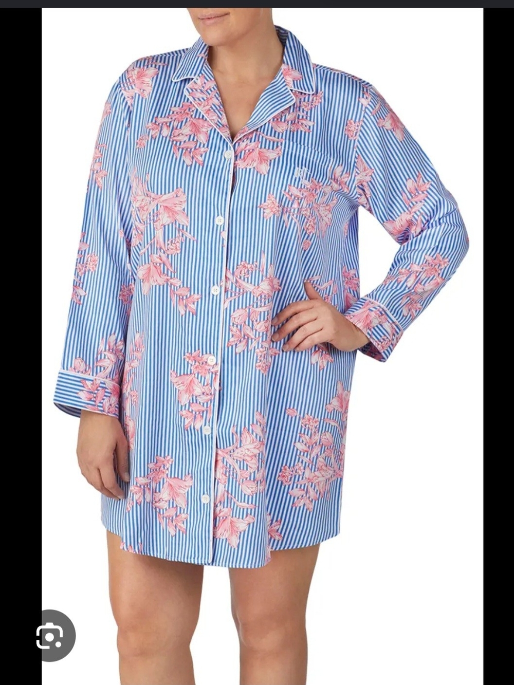 Ralph Lauren Sleep Shirt Women's 3X White Blue Stripe Floral Nightshirt 3/4 Slee